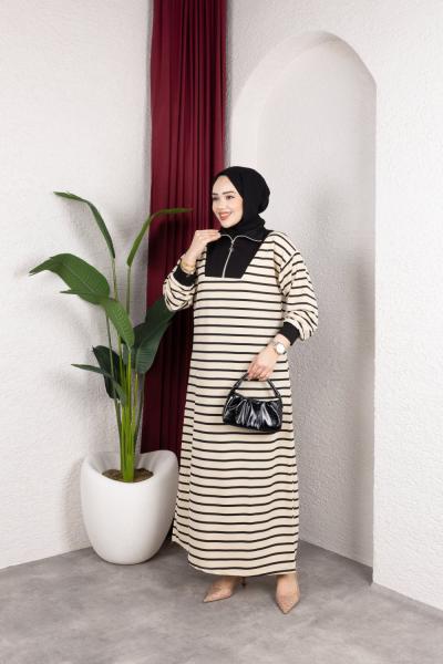 Çizgili Desen Pamuklu İki İplik Elbise