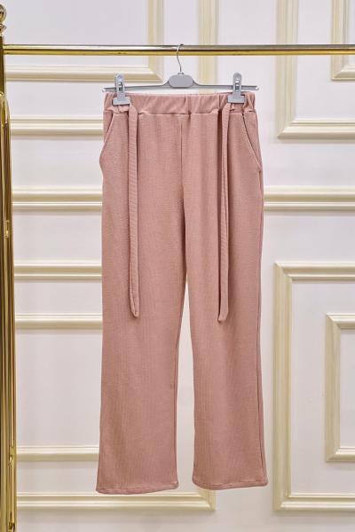 Fitilli Burgu Kumaş Pantolon - Pudra