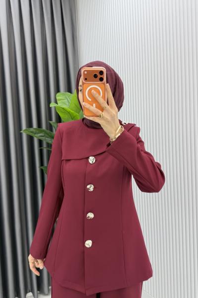 Bordo  Ebrar Ceket Takım Tesettür Giyim