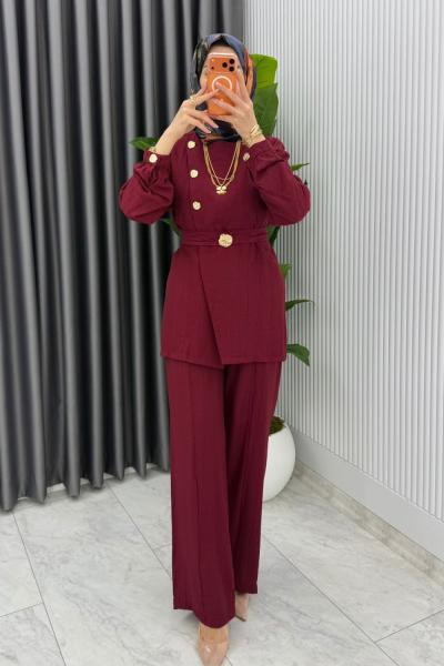Bordo Premium Kemerli Gözde Takım Tesettür Giyim
