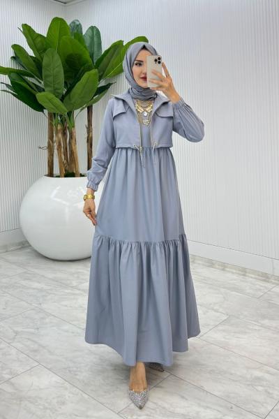 Gri Hicran Elbise Takım Tesettür Elbise