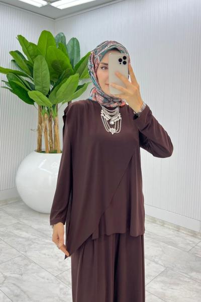 Kahve Asimetrik Takım Tesettür Giyim