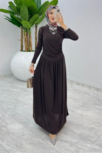 Kahve Büzgü Sendi Elbise Tesettür Giyim