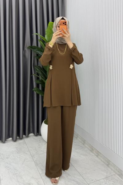 Kahve Kardelen Premium Seri Krep Pantolnlu Takım Tesettür Giyim