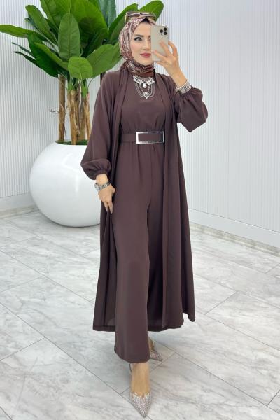 Kahve Premium Silva Tulumlu Abaya Takım Tesettür Giyim