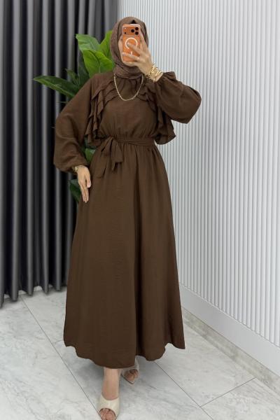 Kahve Sara Elbise Premium Seri Tesettür Giyim Modal Kumaş