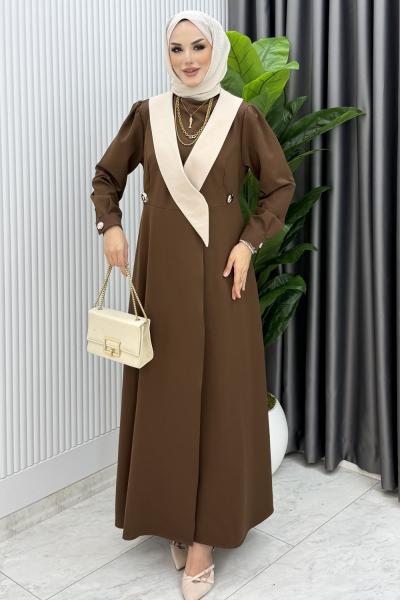 Kahve Yeşim Uzun Ceket Kap Ferace Tesettür Giyim