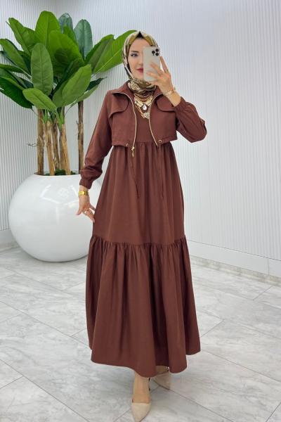 Kahverengi Hicran Elbise Takım Tesettür Elbise