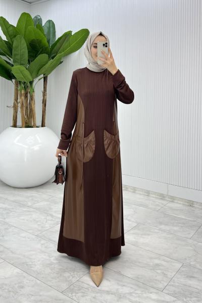 Kahverengi  Aysa Deri Cepli Elbise Tesettür Giyim
