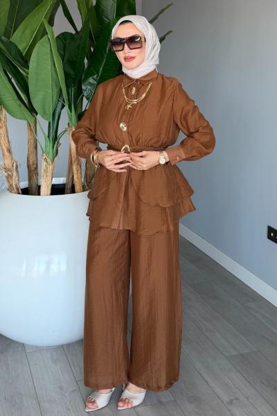 Kahverengi Astarlı Pamuklu Vual Tensel Kemerli Premium Seri Pantolon Takım Tesettür Giyim