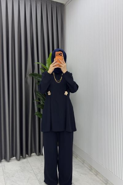 Lacivert Kardelen Premium Seri Krep Pantolnlu Takım Tesettür Giyim