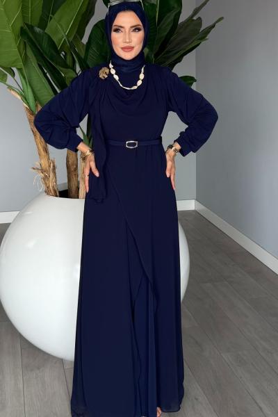 Lacivert Kemerli Tulum Premium Seri Tasarım Tesettür Giyim
