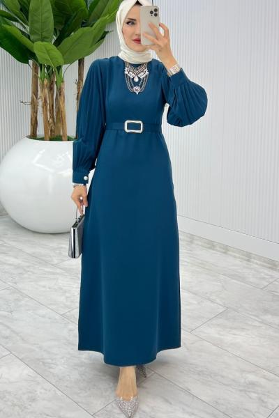 Petrol Kalem Elbise Tesettür Giyim