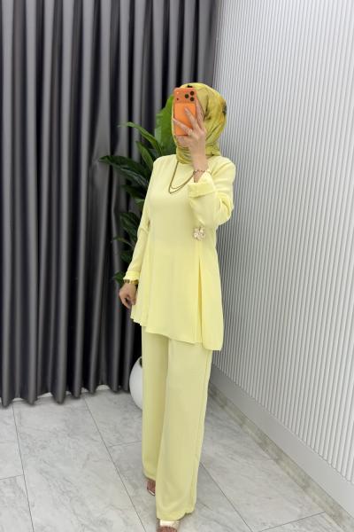 Sarı Kardelen Premium Seri Krep Pantolnlu Takım Tesettür Giyim