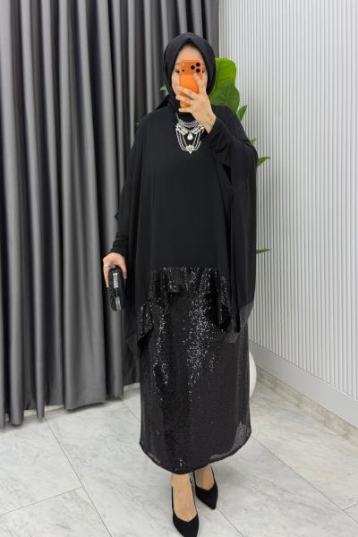 Siyah Premium Fatma Payetli Etek Takım Tesettür Giyim