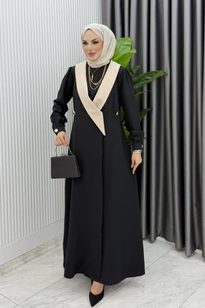 Siyah Yeşim Uzun Ceket Kap Ferace Tesettür Giyim