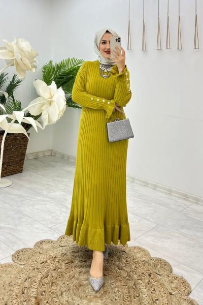 Yağ Yeşil Ecem Triko Elbise Tesettür Giyim