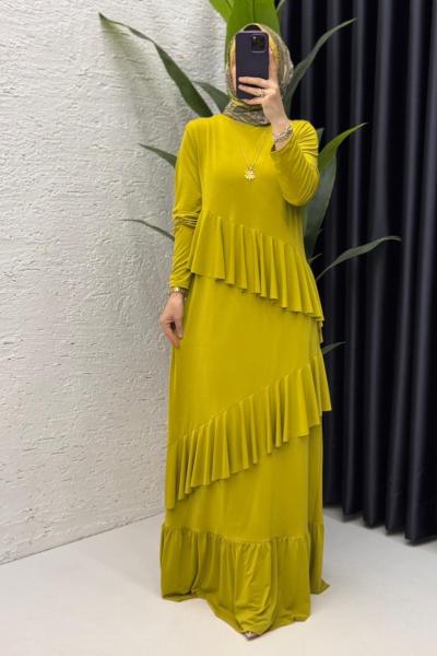 Yağ Yeşili Duru Elbise Tesettür Giyim