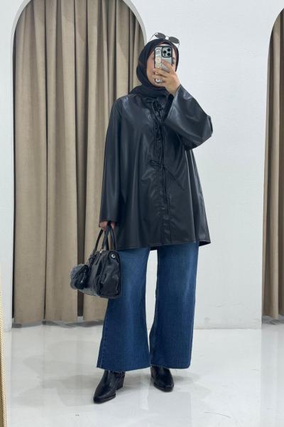 Bağlama Detaylı Uzun Deri Ceket Siyah