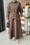 Cep Detaylı Cupra Etekli Takım  Kahverengi