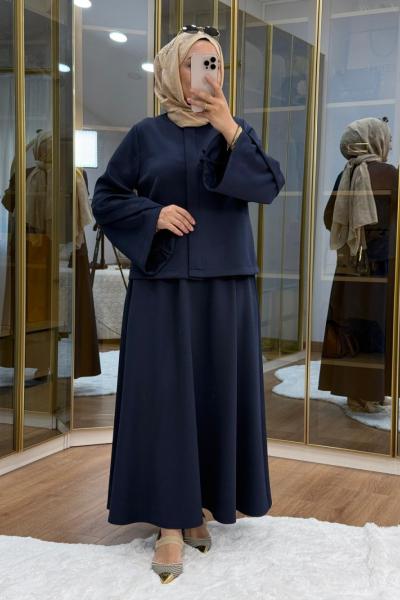 Çiçek Broş Detaylı Scuba Etekli Takım Lacivert