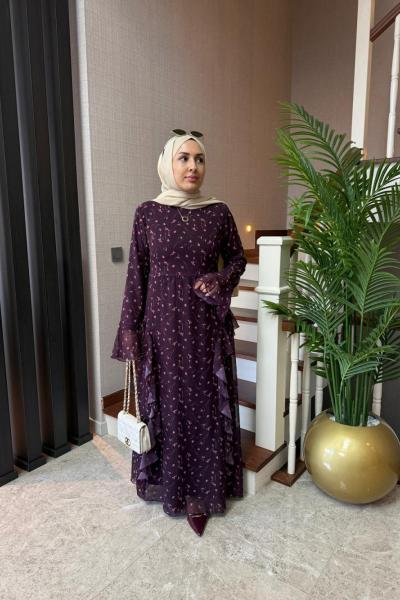 Desenli Fırfırlı Şifon Elbise Mürdüm