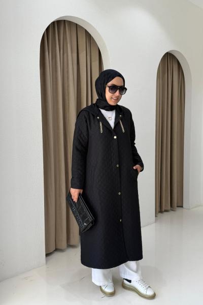 Kapüşonlu Capitone Mont  Siyah