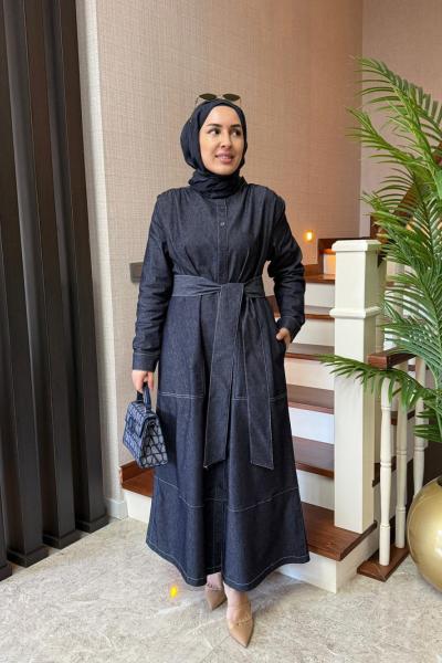 Kontrast Dikişli Kot Elbise Lacivert