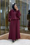 Omuzu Büzgülü Ceket Etek Takım Mürdüm