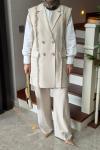 Püskül Detay Yelek Takım Bej