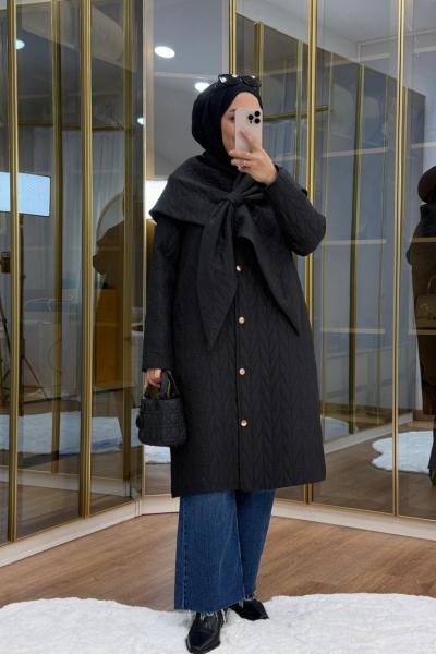 Şal Detaylı Kapitone Mont Siyah