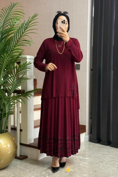 Yırtmaçlı Tilda Etekli Takım Bordo