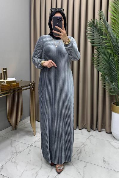 Multi Piliseli Kadife Elbise Gri