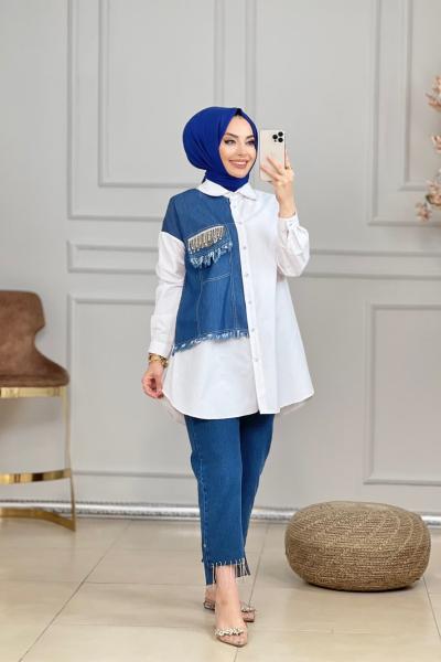 01-1204 Sol Taraf Kot Ve Zincir Detaylı Gömlek Beyaz