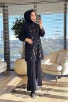 01-1290 Önü Varak Baskılı Tunik Siyah Leopar