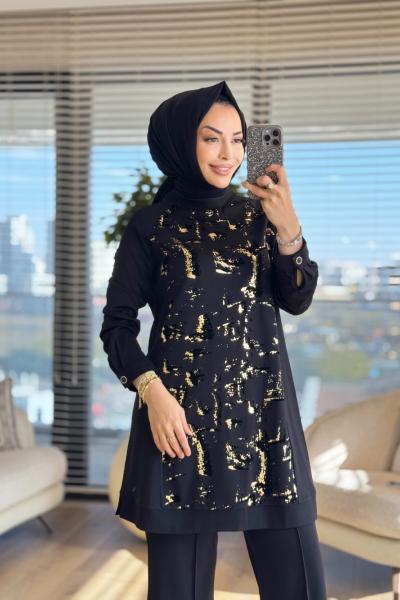 01-1290 Önü Varak Baskılı Tunik Siyah Gold