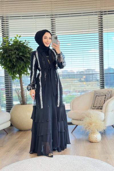 02-1473 Boyuna Pul Nakışlı 2li Takım Siyah Gümüş