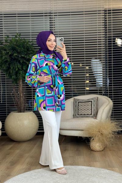 02-2062 Renkli Geometrik Desen Takım Yeşil Ekru