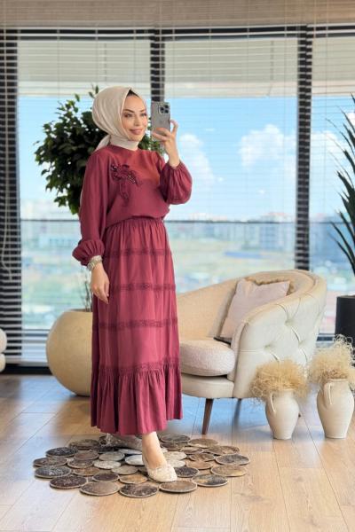 02-2508 Eteği Dantel Detaylı Takım Bordo