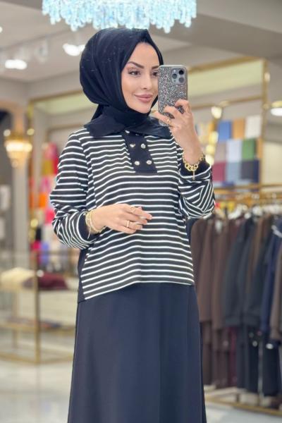 02-2681 Ribana Enine Çizgili Bluz Takım Siyah