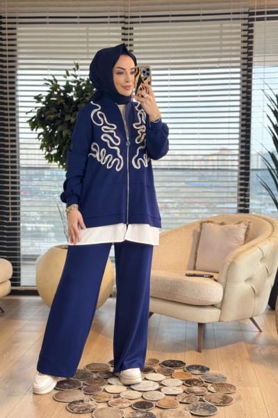 02-2807 Ön Kordon Üstü İncili Fermuarlı Takım Lacivert