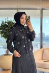 02-2922 Gofre Üstü Çiçek Nakışlı Takım Siyah