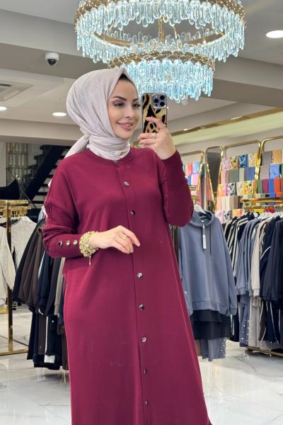 048 Eteği Volanlı Çıtçıtlı Uzun Hırka Bordo