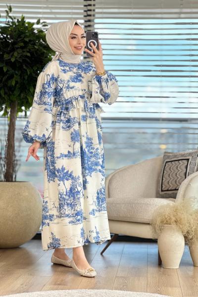 08-1545 Tencel Ön Bağlama Parçalı Elbise Mavi