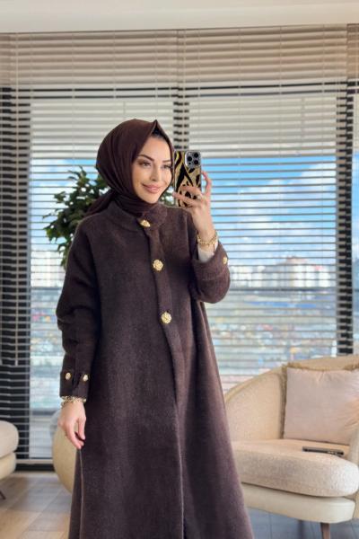 080 Angora Patı Ve Manşeti Düğmeli Kap Kahve