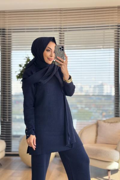 10017 Kolları Düğmeli Şallı Triko Takım Lacivert