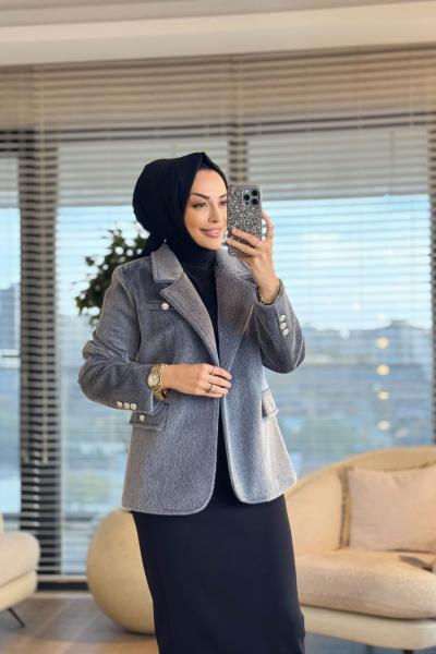 1005252 Tilki Tüylü Blazer Ceket Antrasit