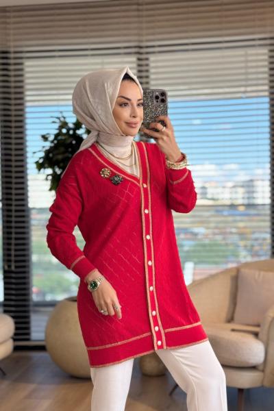 101005 Baklava Desenli Merserize Hırka Kırmızı