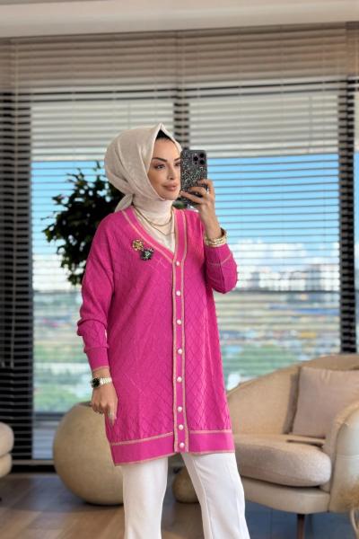 101005 Baklava Desenli Merserize Hırka Fuşya