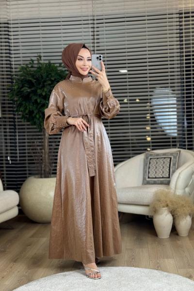 10417 Parlak Kumaş Omuz Taş Baskı Elbise Latte